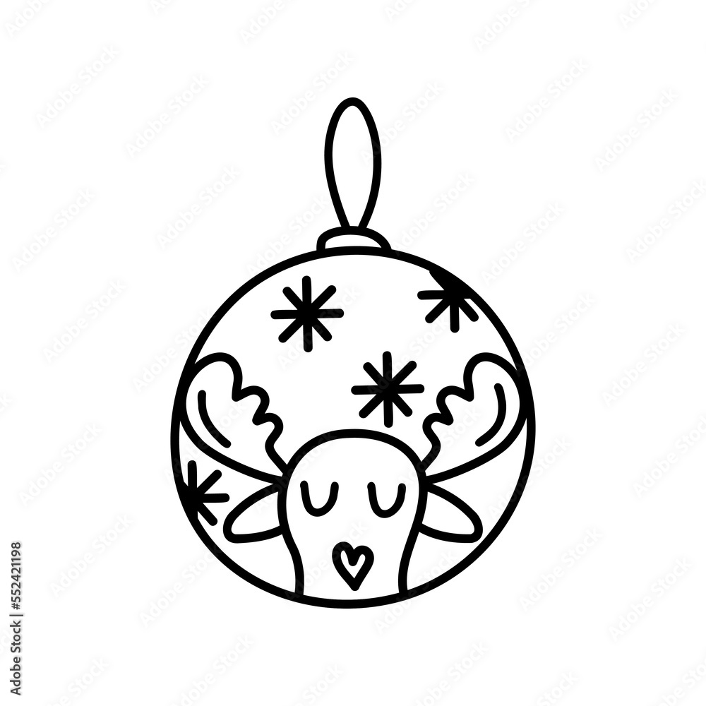 Deer Christmas ball on a white background. Doodle illustration.	