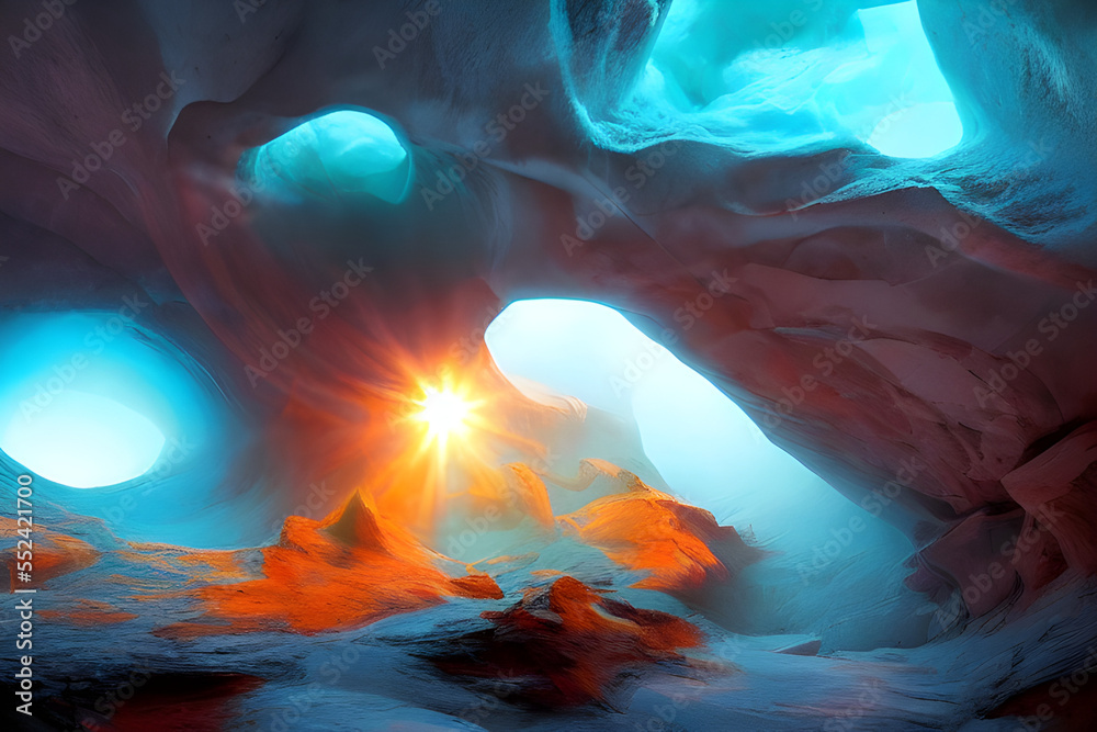 Ai Digital Illustration Inside a Misty Glowing Cave
