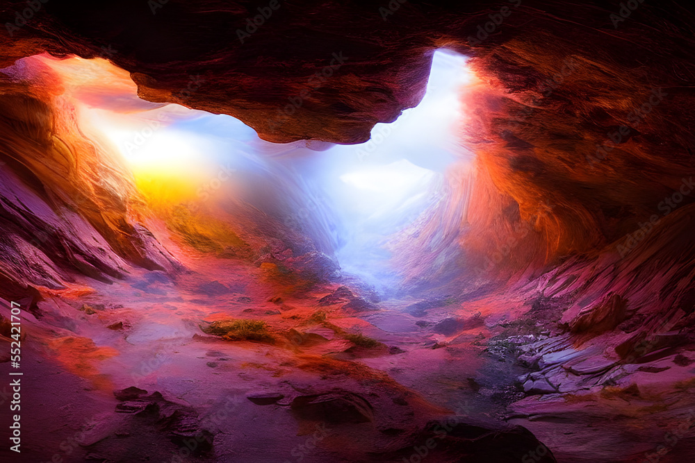 Ai Digital Illustration Inside a Misty Glowing Cave
