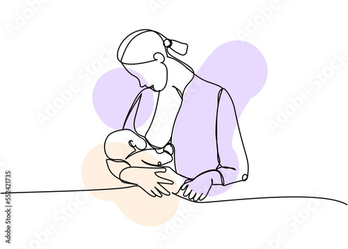 Mom breastfeeds a newborn one line art with colorful elements. Continuous line drawing of newborn, motherhood, family, love, child, breastfeeding, lactation, healthy lifestyle.