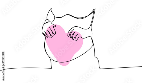 Pregnant belly close up one line art with colorful elements. Continuous line drawing of pregnancy, motherhood, preparation for childbirth, preparation for motherhood, skin care, relaxation.