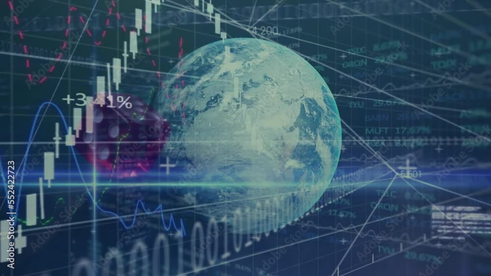 Animation of globe, dice and financial data processing over binary coding Animation of globe, dice and financial data processing over binary coding