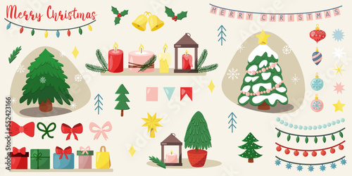 Set wit winter holidays objects, Christmas tree, gift boxes, balls, garlands, stars, flat vector