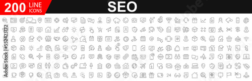Set of 200 SEO web icons. Search Engine Optimization icon collection. Containing business and marketing. Thin line web icon set. Outline web icons set. Vector illustration
