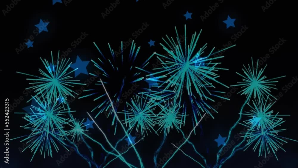 Animation of fireworks and stars on black background Animation of fireworks and stars on black background
