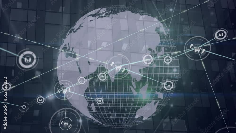 Animation of bar graph and cart icons connected with lines and globe over glass building Animation of bar graph and cart icons connected with lines and globe over glass building