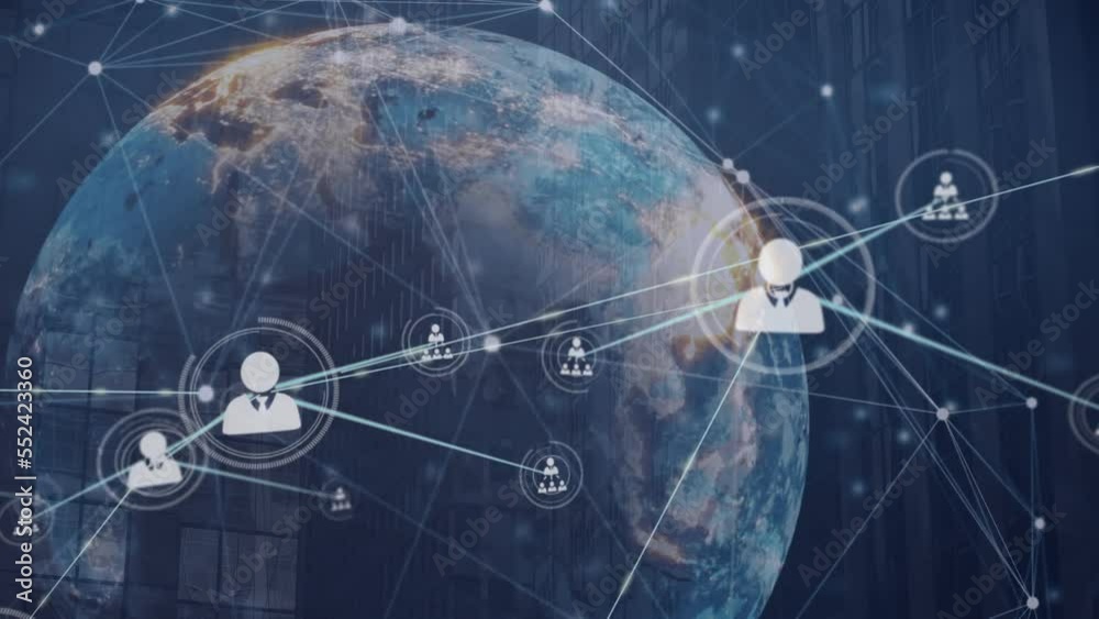 Animation of profile icons and dots connected with lines, numbers, globe against modern building Animation of profile icons and dots connected with lines, numbers, globe against modern building