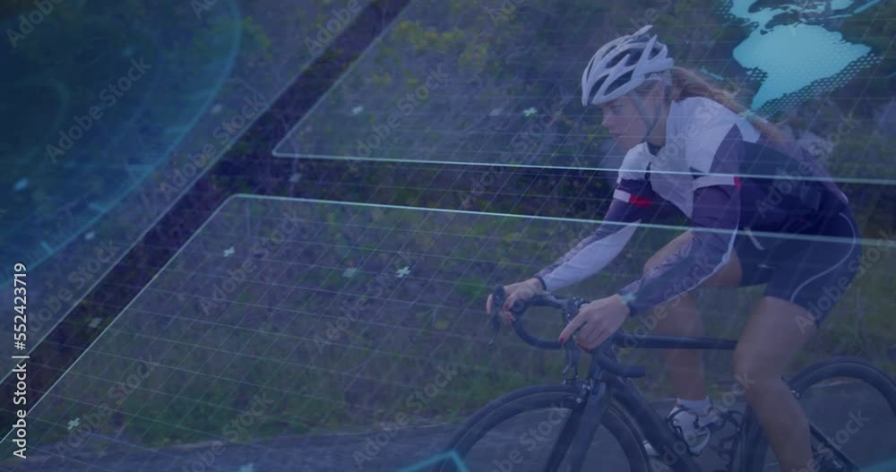Animation of data processing over caucasian woman cycling