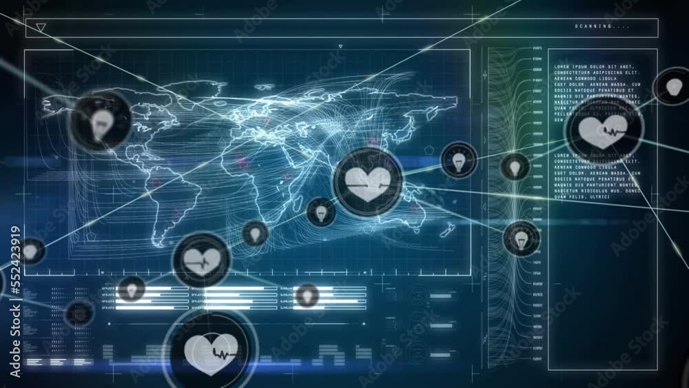 Animation of arc reactor and icons in hexagons over caucasian doctors discussing reports over laptop Animation of arc reactor and icons in hexagons over caucasian doctors discussing reports over laptop