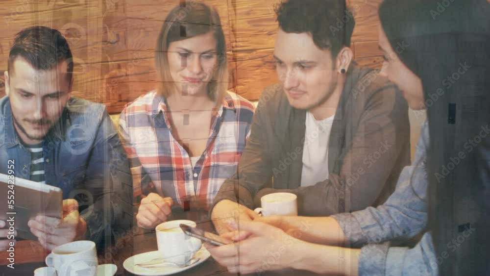 Animation of data processing over caucasian friends in bar Animation of data processing over caucasian friends in bar