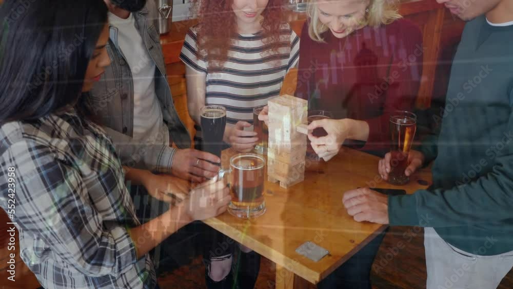 Animation of data processing over diverse friends in bar Animation of data processing over diverse friends in bar
