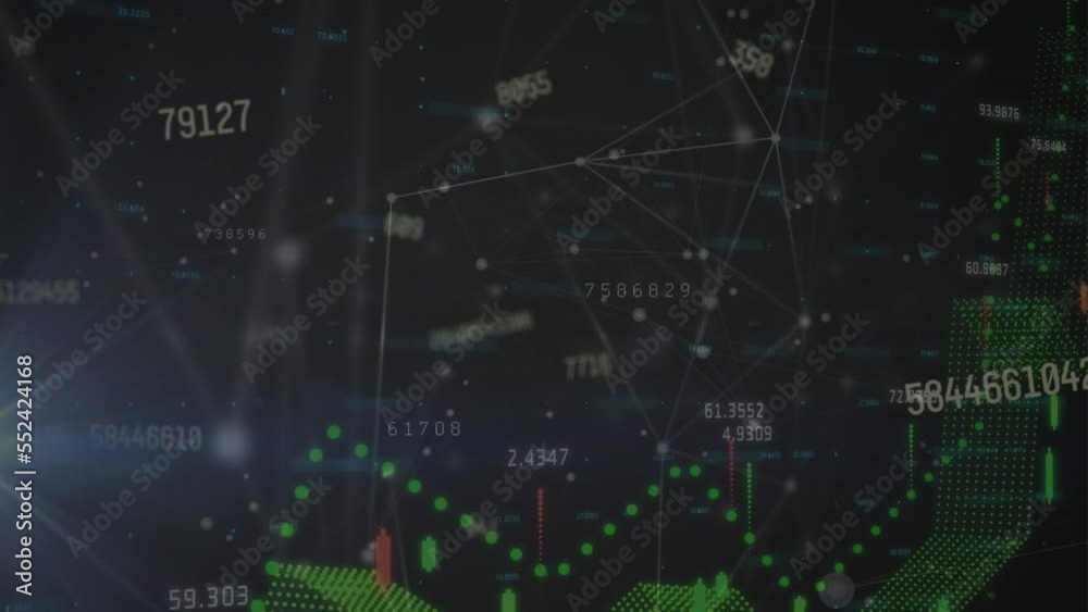 Animation of financial data processing over network of connections on black background Animation of financial data processing over network of connections on black background