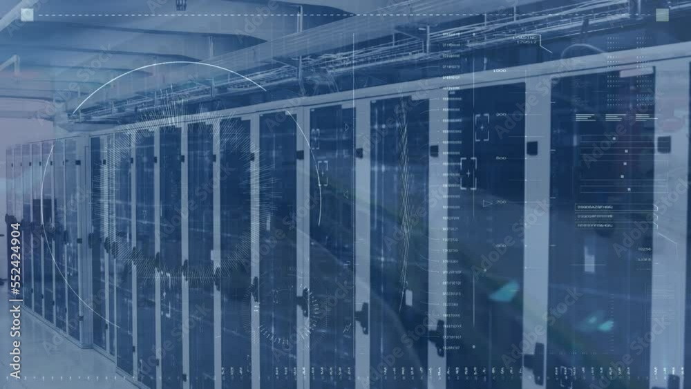 Animation of data processing with scope scanning over server room Animation of data processing with scope scanning over server room