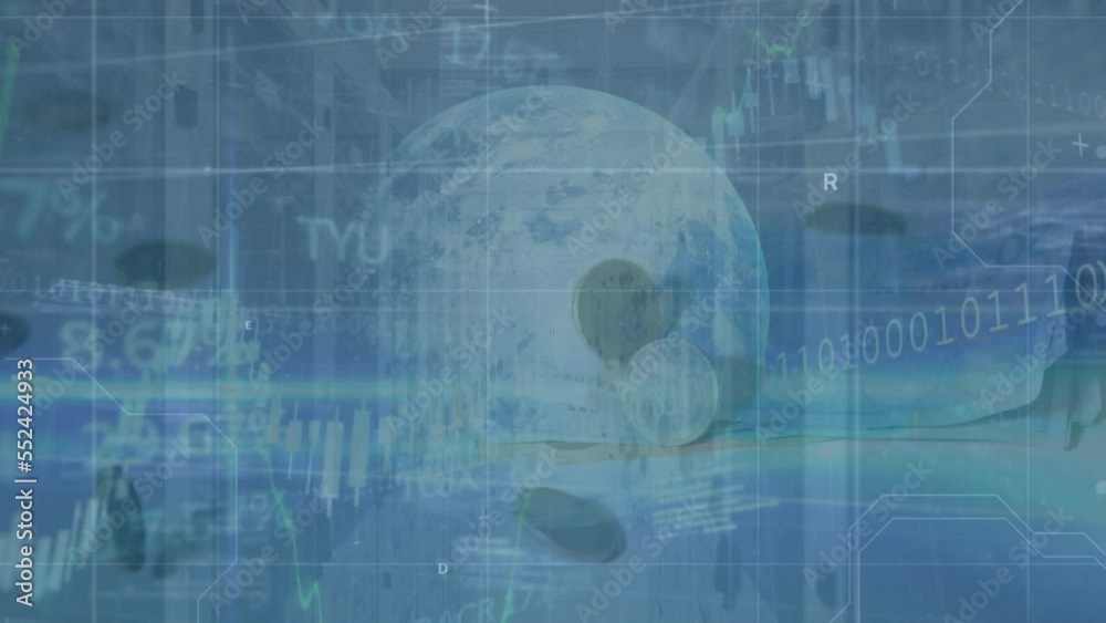 Animation of data processing with globe over dollar bills with coins and server room