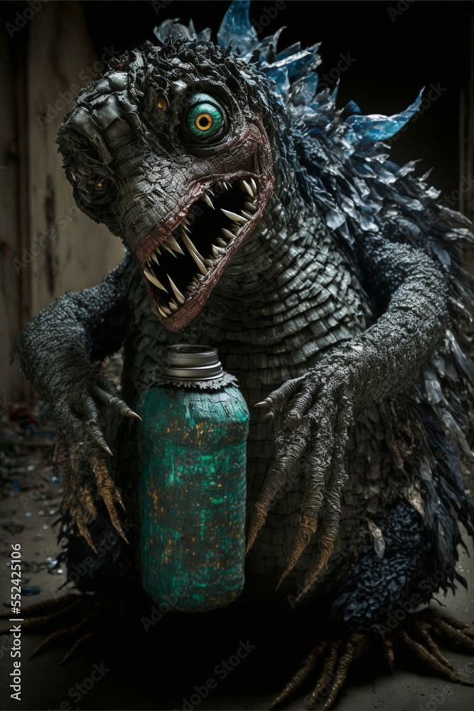 Scary nightmare alien monster made of trash in the city. Ugly garbage monster. Generative AI illustration Scary nightmare alien monster made of trash in the city. Ugly garbage monster. Generative AI illustration
