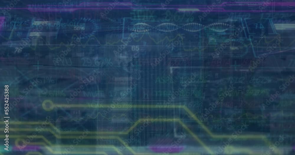 Animation of financial data processing over computer circuit board Animation of financial data processing over computer circuit board