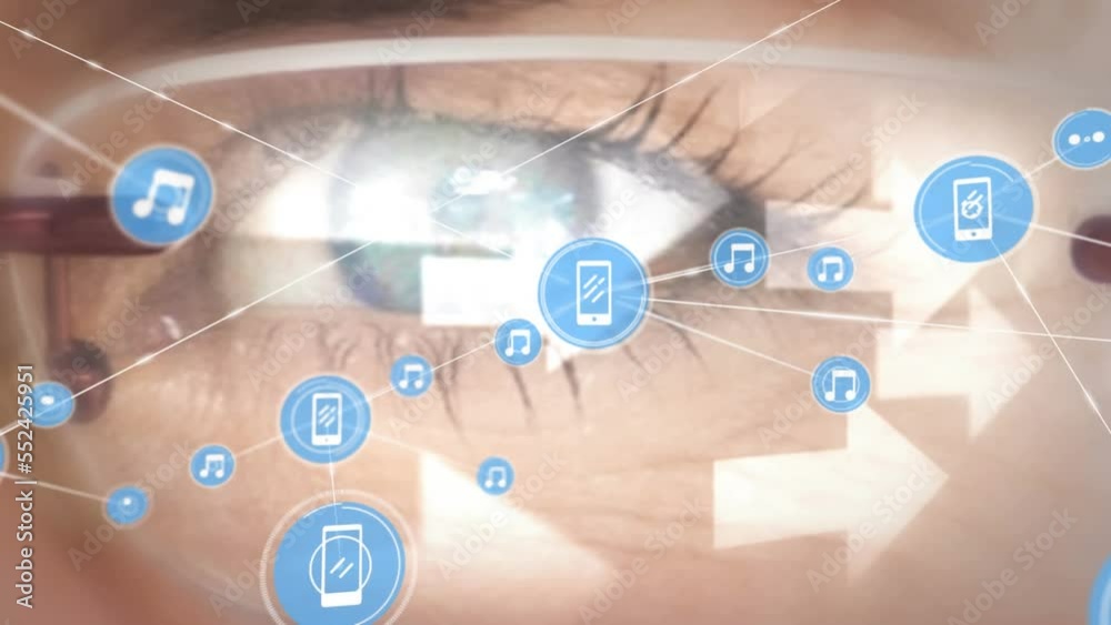 Animation of network of connections with icons and arrows over eye of caucasian woman Animation of network of connections with icons and arrows over eye of caucasian woman