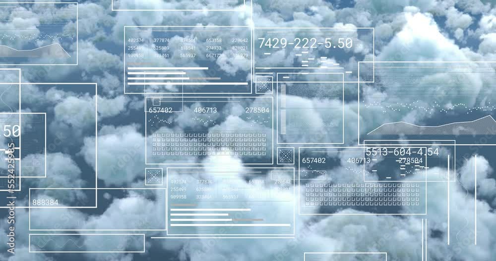 Animation of data processing over sky with clouds Animation of data processing over sky with clouds