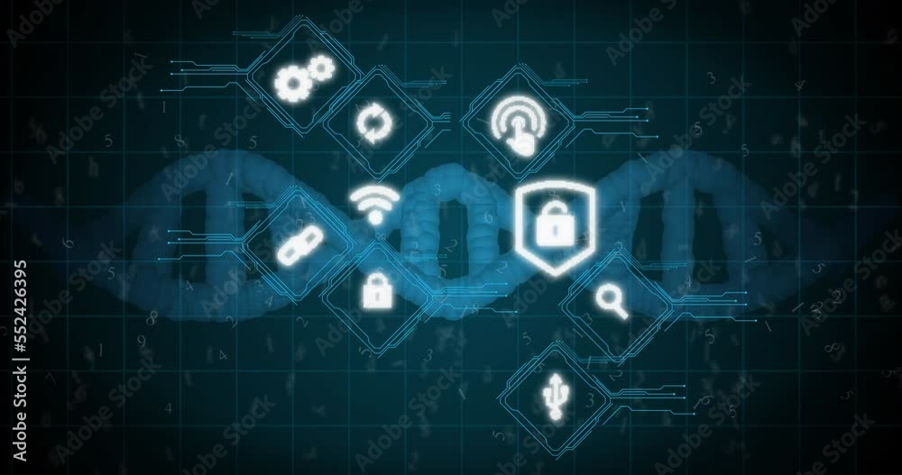 Animation of falling spinning dna strand and icons over dark background Animation of falling spinning dna strand and icons over dark background