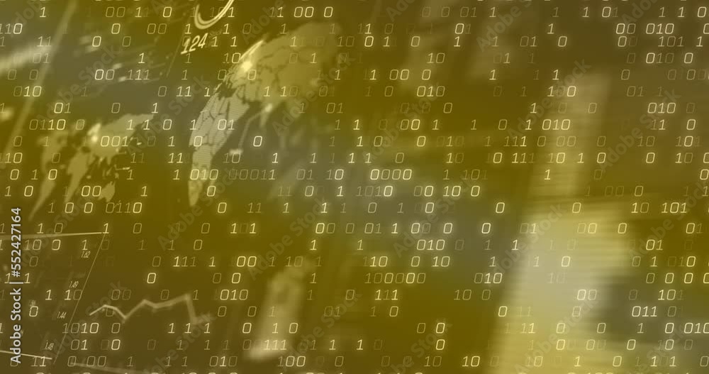 Animation of falling binary codes over globe, map and database in background Animation of falling binary codes over globe, map and database in background