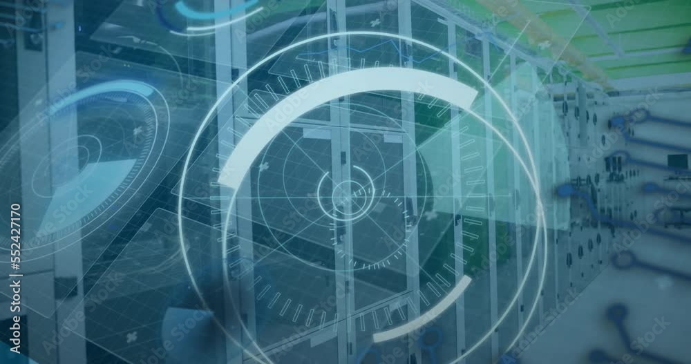 Animation of 5g text in circle over radars against server room in background Animation of 5g text in circle over radars against server room in background