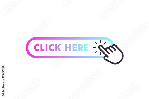 Click here on the button with the arrow pointer. Hand cursor vector icon. Flat line gradient button. Click here for website links.