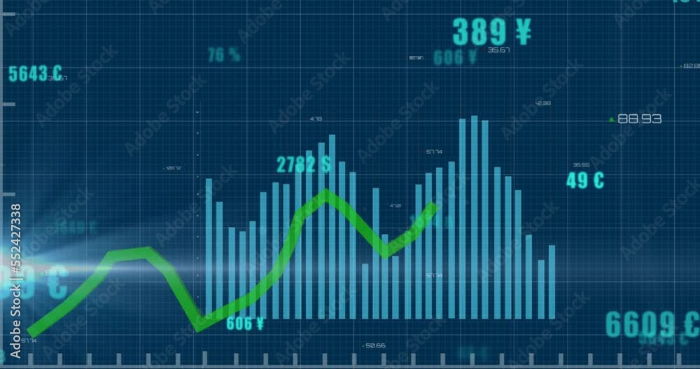 Animation of light over financial data and graphs on blue background Animation of light over financial data and graphs on blue background