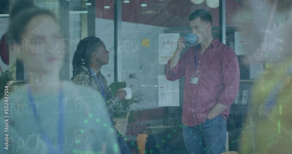 Animation of trading board over multiracial coworkers discussing reports in office
