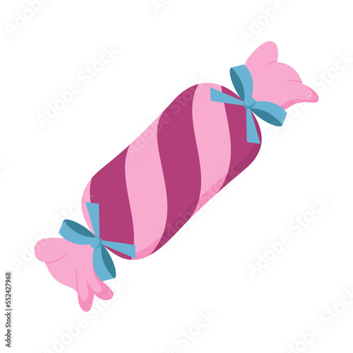 Bright striped candy in wrapper with bows. Flat design present for New Year, Christmas, birthday, holidays, anniversary, event. Template for poster, icon, logo, web, flyer, coupon, promo. Clip art