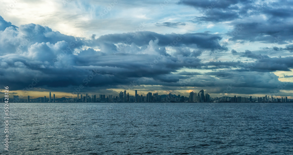 Panama City, panorama skyline with big skyscrapers and cloudy sky