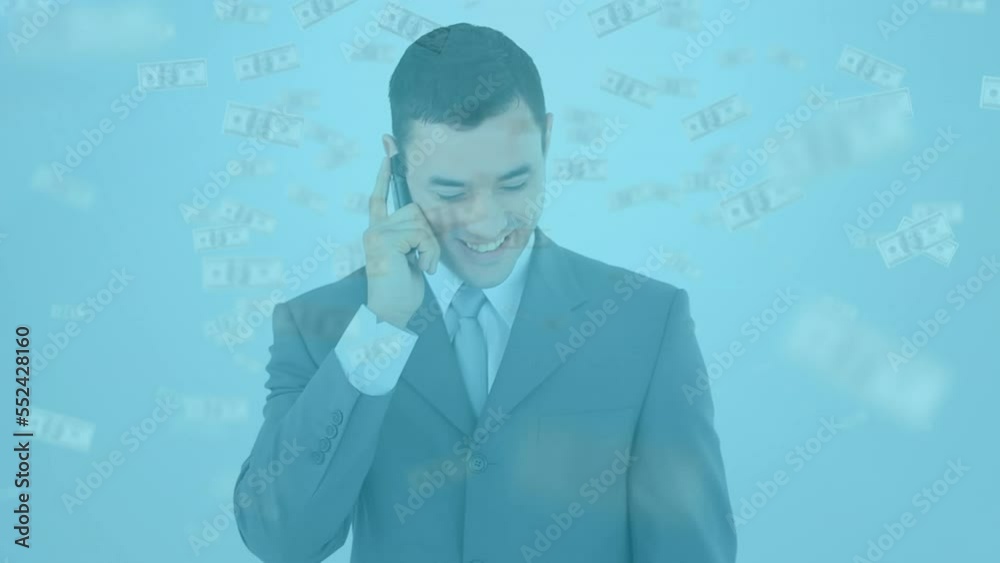 Animation of dollar bills over caucasian businessman Animation of dollar bills over caucasian businessman