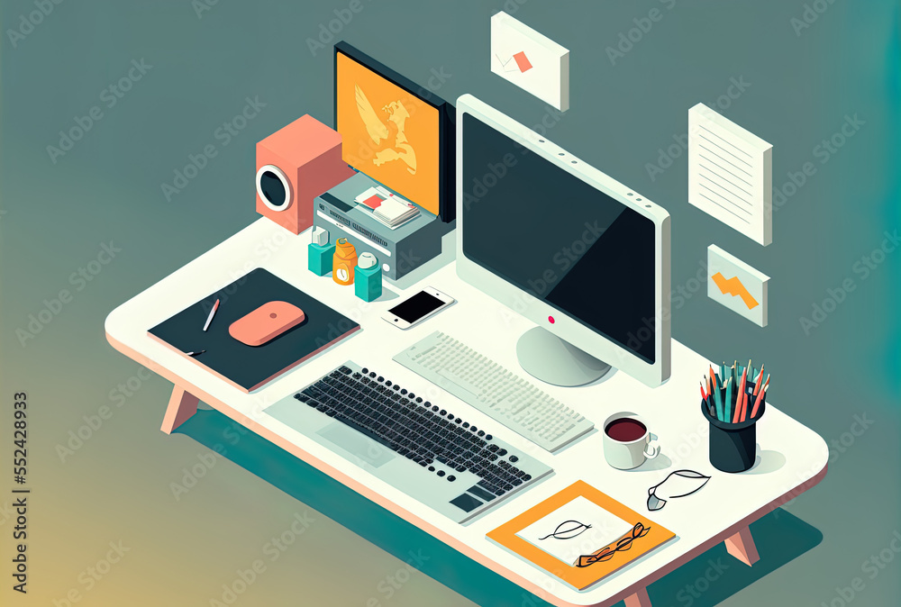 Flat lay image of an office workstation with a background of copy space. Generative AI Flat lay image of an office workstation with a background of copy space. Generative AI
