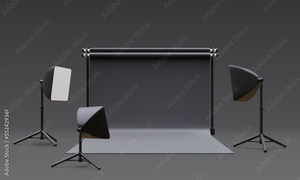 3d realistic interior of modern photo studio with professional lighting