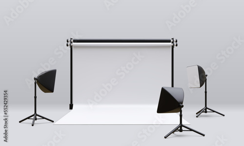 3d realistic interior of modern photo studio with professional lighting equipment. Empty photography studio with spotlights. Vector illustration