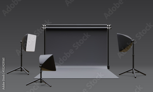 3d realistic interior of modern photo studio with professional lighting equipment. Empty photography studio with spotlights. Vector illustration