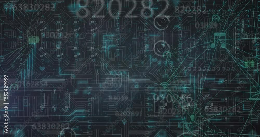 Animation of network of connections and data processing over computer circuit board Animation of network of connections and data processing over computer circuit board