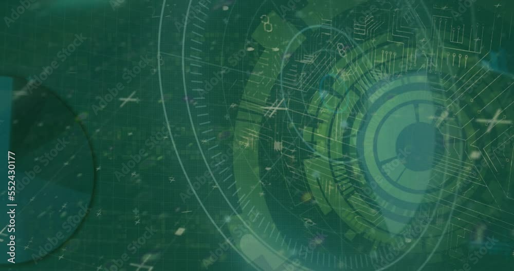 Animation of scope scanning over data processing and padlock icon on green background Animation of scope scanning over data processing and padlock icon on green background