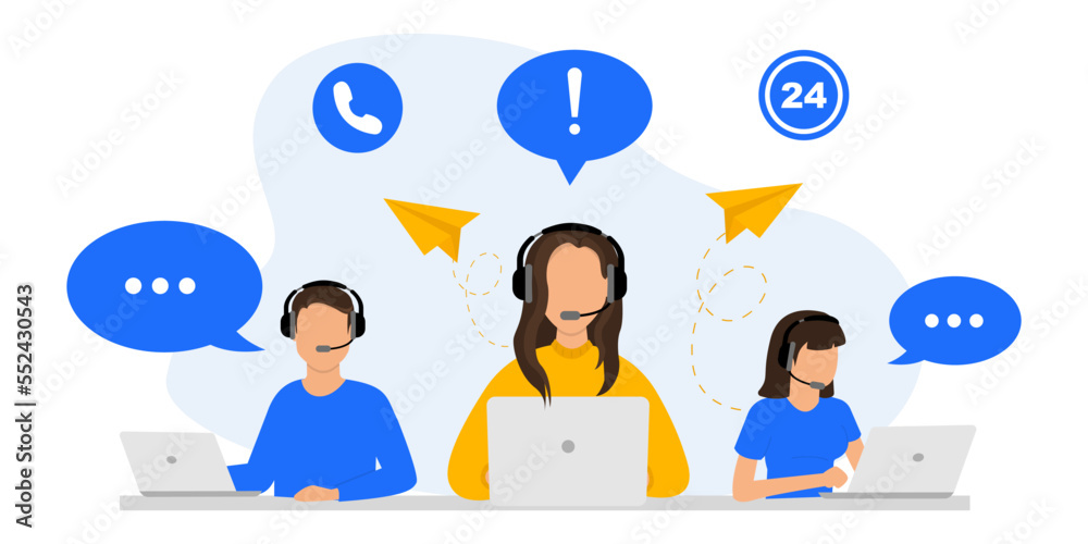 Hotline, customer support, call center. Hotline operators with headset is sitting at her computer and talking with client. Online support 24 hours. Online customer service. Vector Illustration Hotline, customer support, call center. Hotline operators with headset is sitting at her computer and talking with client. Online support 24 hours. Online customer service. Vector Illustration