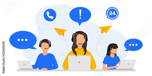 Hotline, customer support, call center. Hotline operators with headset is sitting at her computer and talking with client. Online support 24 hours. Online customer service. Vector Illustration