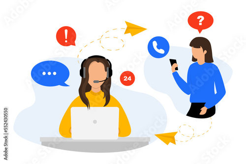 Call center, hotline customer support. Hotline operator advises customer. Woman with headset is sitting at her computer and talking with client. Online support 24 hours. Online customer service