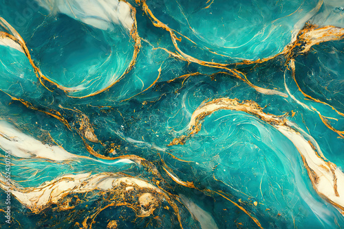 Abstract marble textured background. Fluid art modern wallpaper. Marbe gold and turquoise surface. AI photo