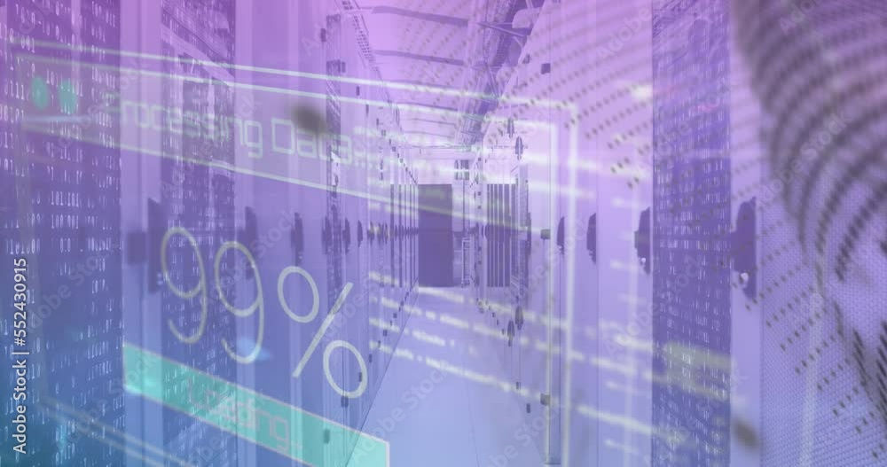 Animation of processing data text and 100 percent text with abstract pattern over server room Animation of processing data text and 100 percent text with abstract pattern over server room