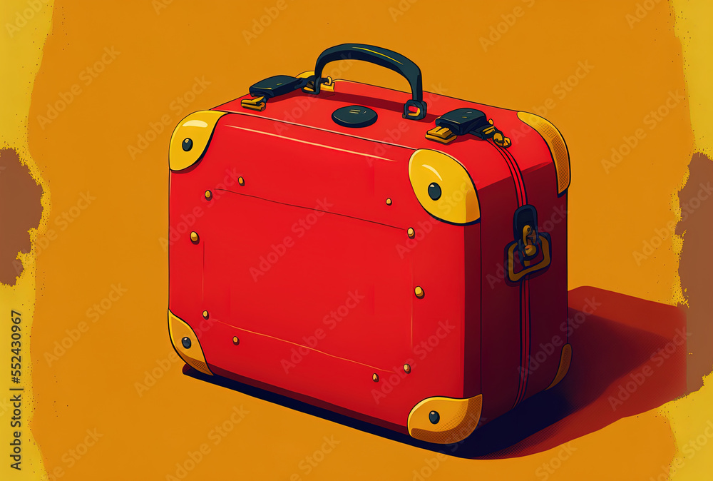 Isolated red baggage against a yellow backdrop. Generative AI Isolated red baggage against a yellow backdrop. Generative AI