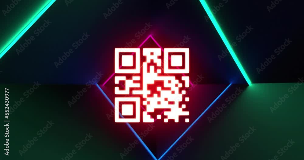 Animation of qr code scanner over neon light trails in seamless pattern against black background