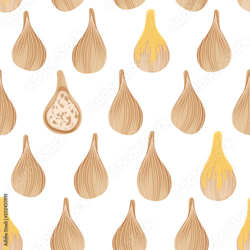 Seamless pattern with steamed modak vector illustration. Traditional Indian food. Sweet festive dumplings whole and halves and with ghee butter topping