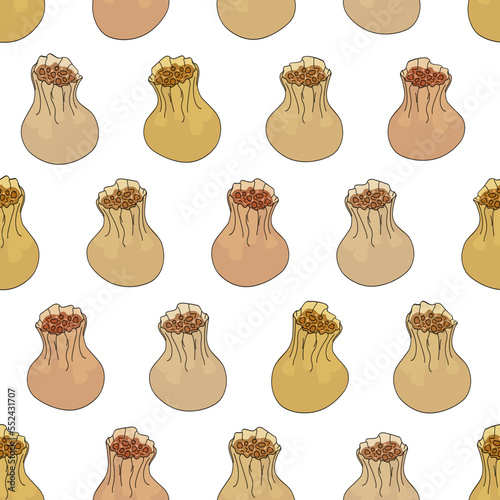 Siu mai dim sum seamless pattern vector illustration isolated on white background. Traditional Chinese food. Shumai steamed dumplings. Top and side view