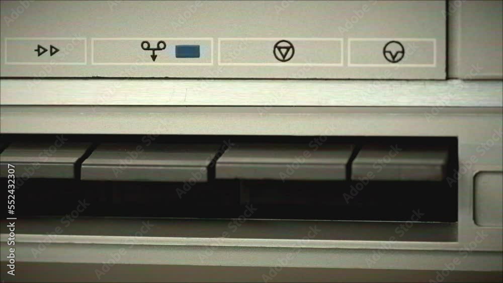 Retro radio tape recorder, audio cassette playing close-up. Listening to music, recording studio old radio boombox player, searching channel, volume. 