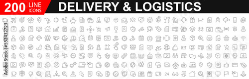 Big Set of 200 Delivery and logistics web icon. Delivery, shipping, logistics. Outline icons collection. Courier, shipping, express delivery, tracking order, support, business. Vector illustration