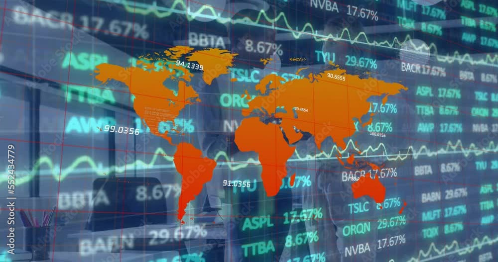 Animation of stock market data processing over two diverse female colleagues discussing at office