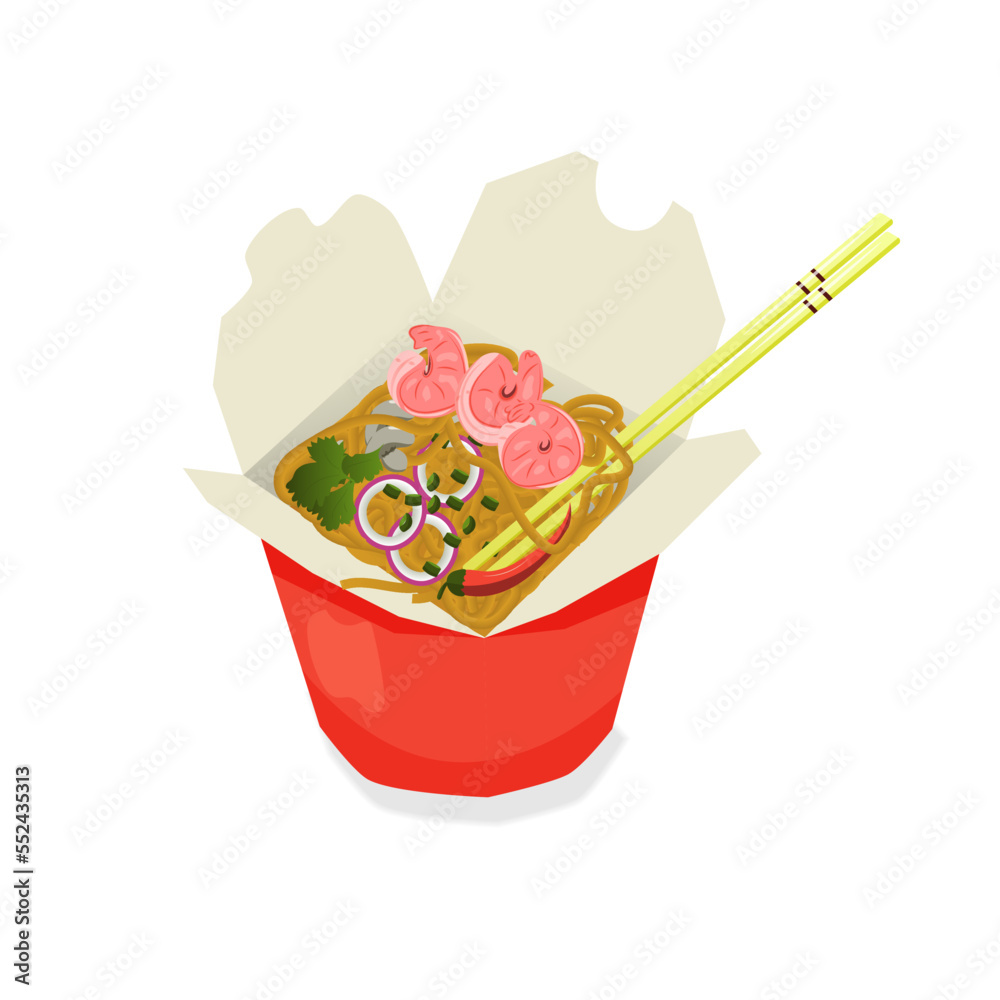 Takeaway carton wok box noodles with shrimps. Takeout food package with noodle. Cartoon vector illustration of traditional Asian, Chinese, Thai dish. Takeaway carton wok box noodles with shrimps. Takeout food package with noodle. Cartoon vector illustration of traditional Asian, Chinese, Thai dish.